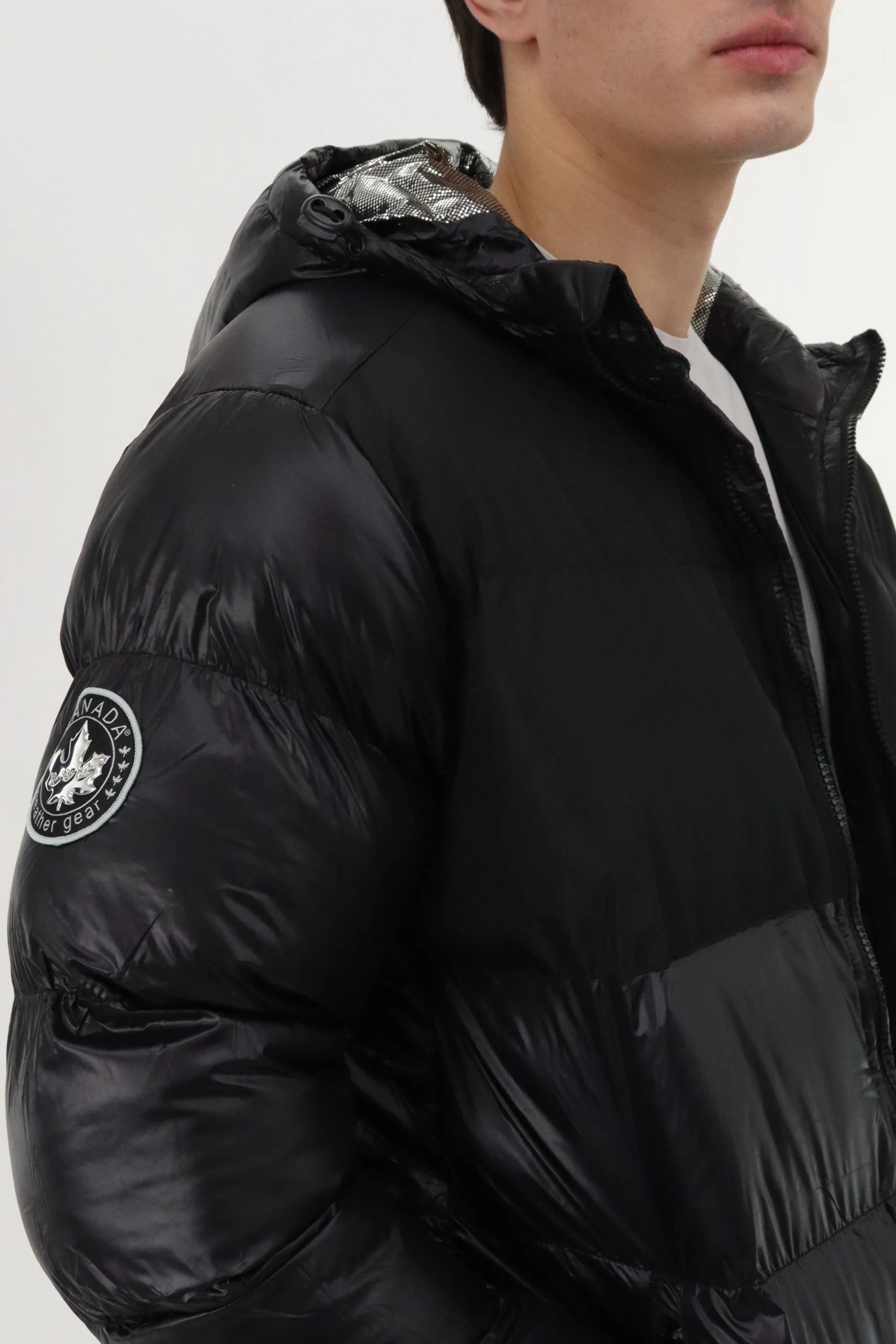 Hooded Shiny Bomber Jacket - Black - Image 4