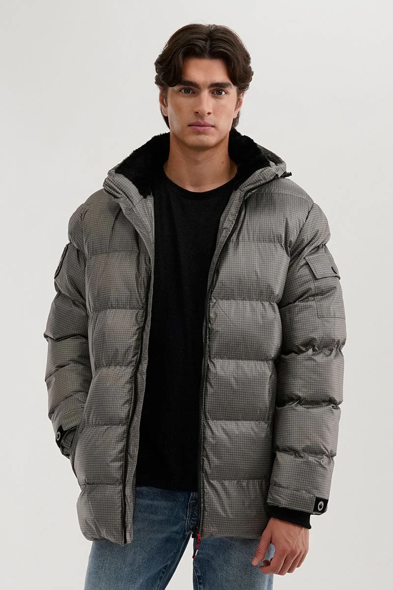 Grid Pattern Puffer Parka Jacket - Grey