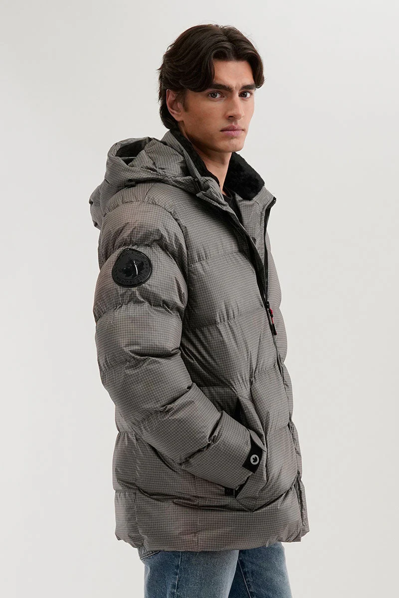 Grid Pattern Puffer Parka Jacket - Grey - Image 2