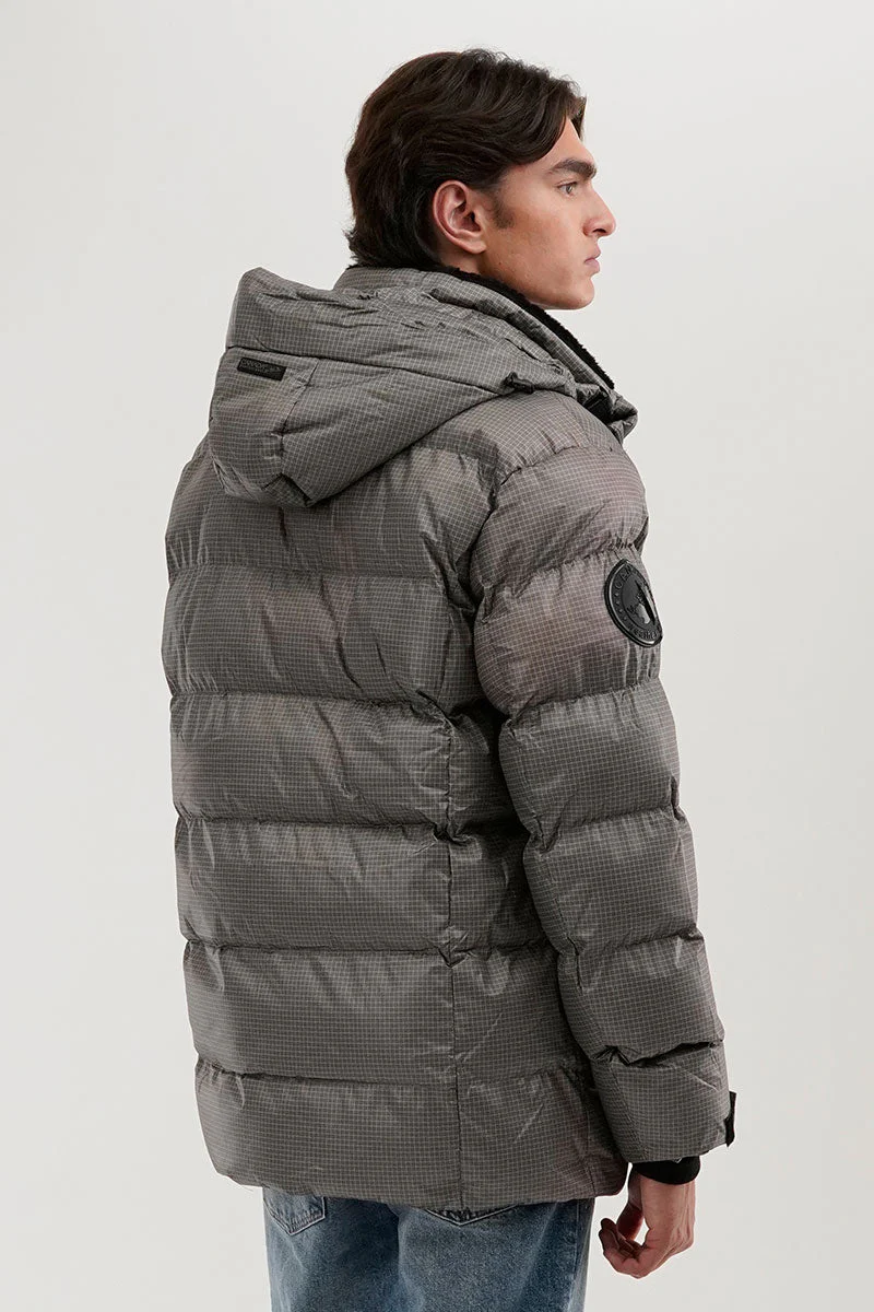 Grid Pattern Puffer Parka Jacket - Grey - Image 3