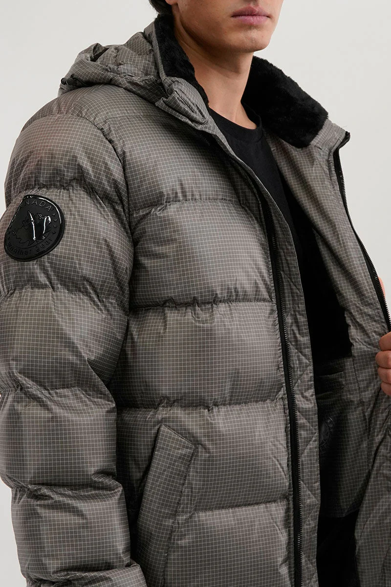 Grid Pattern Puffer Parka Jacket - Grey - Image 4