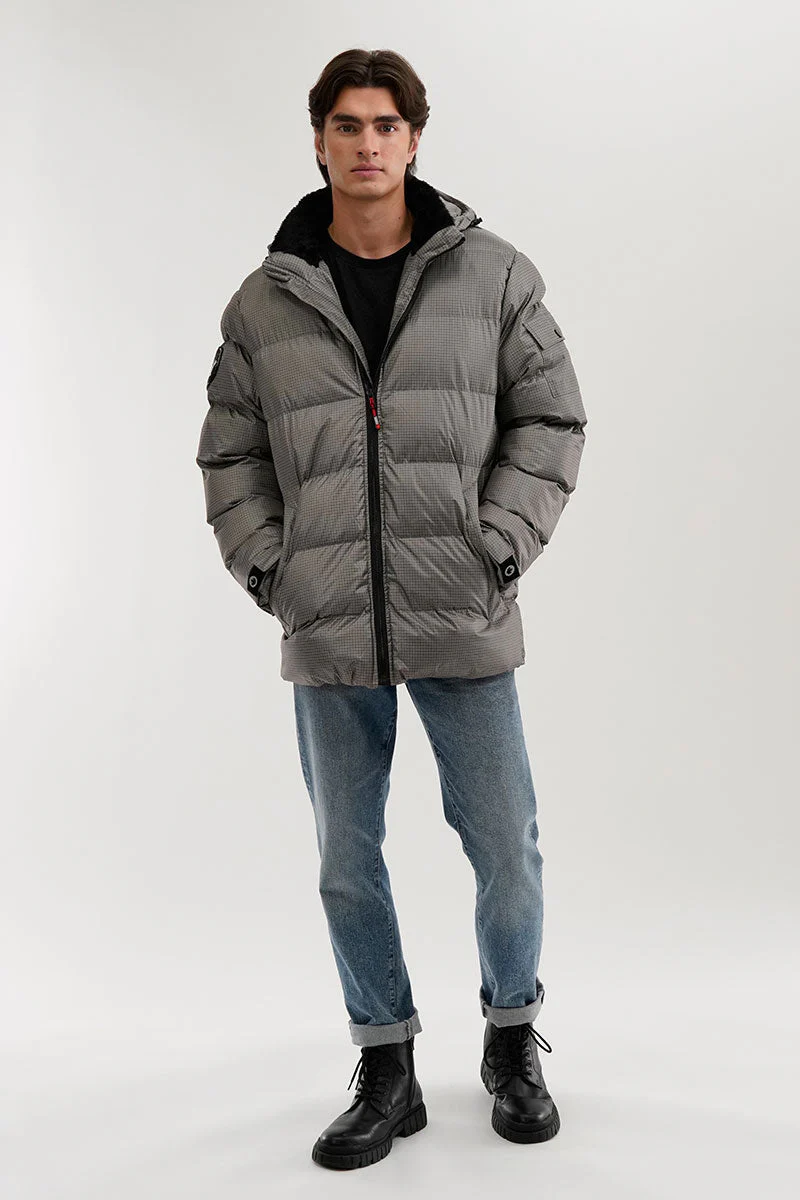 Grid Pattern Puffer Parka Jacket - Grey - Image 5