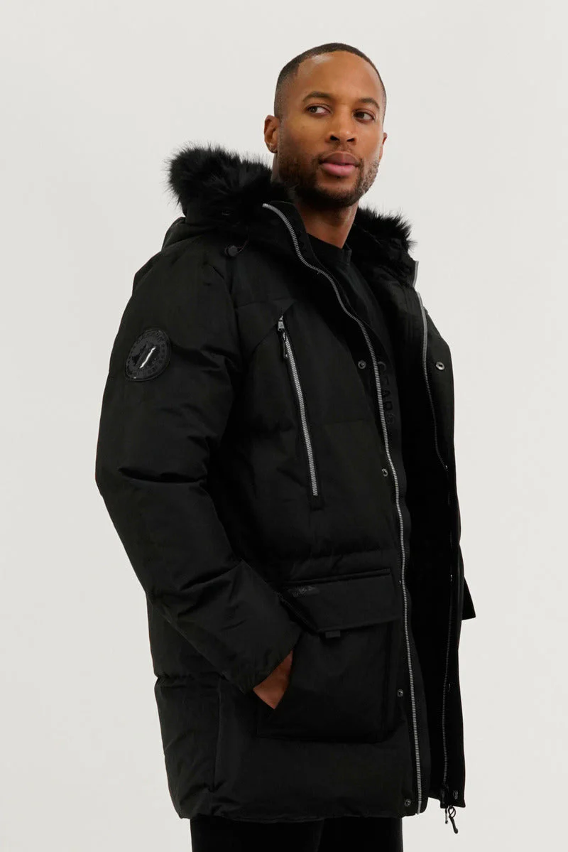 Faux Fur Backpack Strap Parka Jacket - Black - Image 2