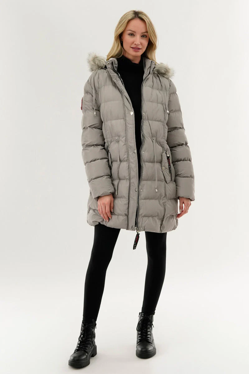 Tie Waist Puffer Parka Jacket - Grey - Image 5