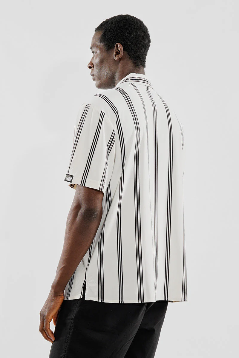 Travel Collection Striped Button Up Casual Shirt - White - Image 3
