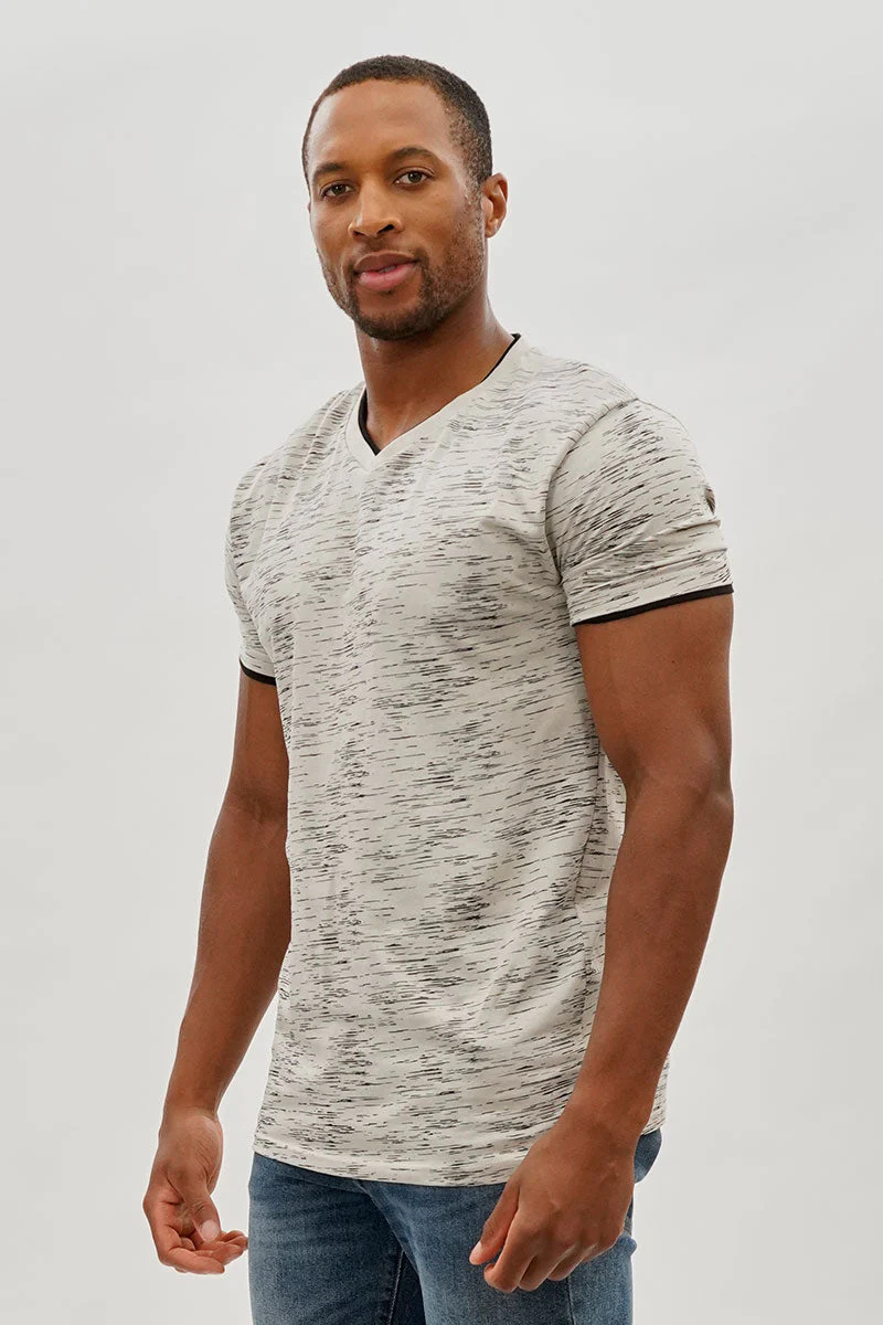 Vintage Patterned V-Neck Tee - Stone - Image 2