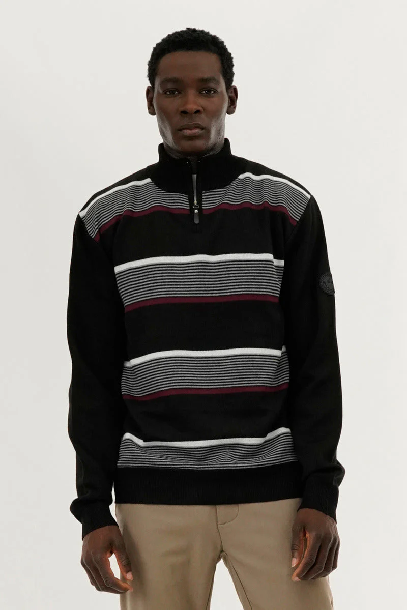 Striped 1/4 Zip Pullover Sweater - Burgundy