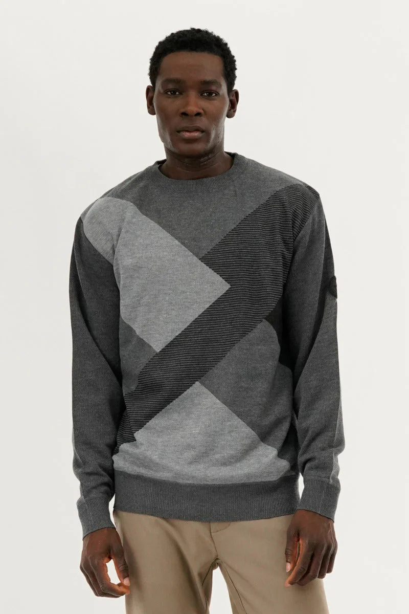 Patterned Crewneck Pullover Sweater - Grey