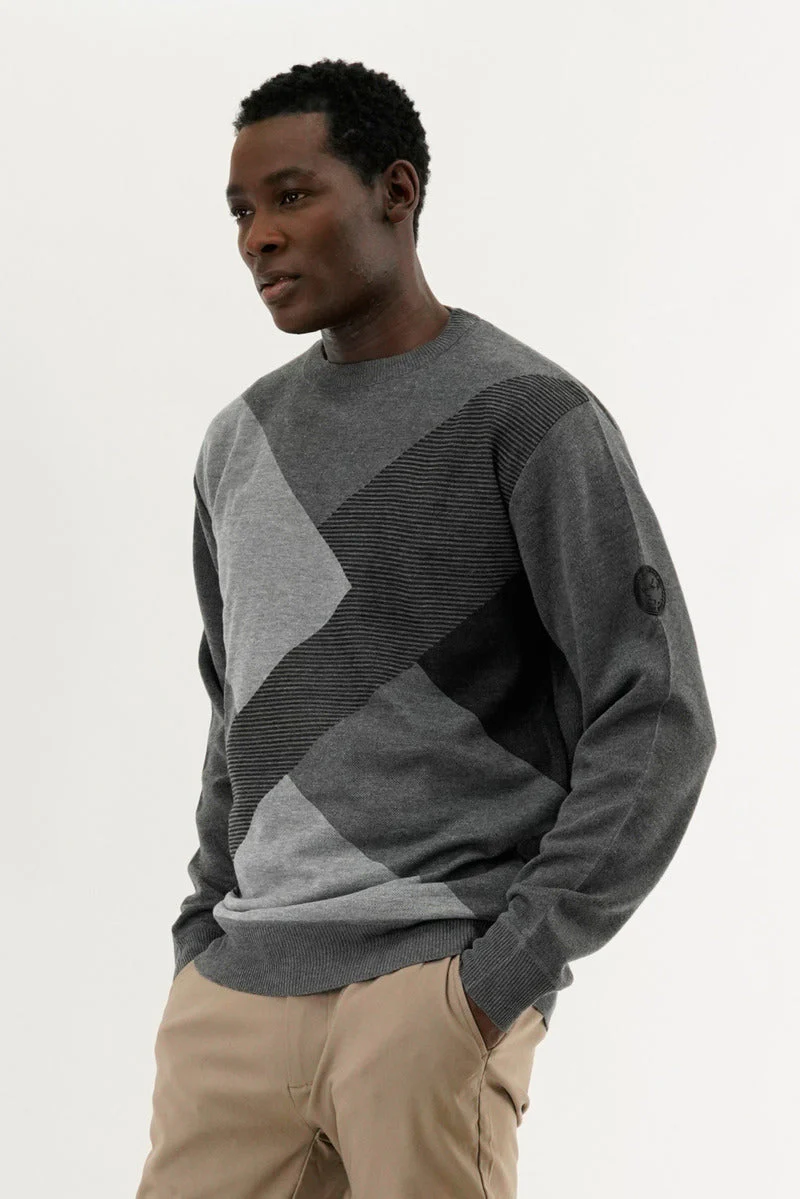 Patterned Crewneck Pullover Sweater - Grey - Image 2