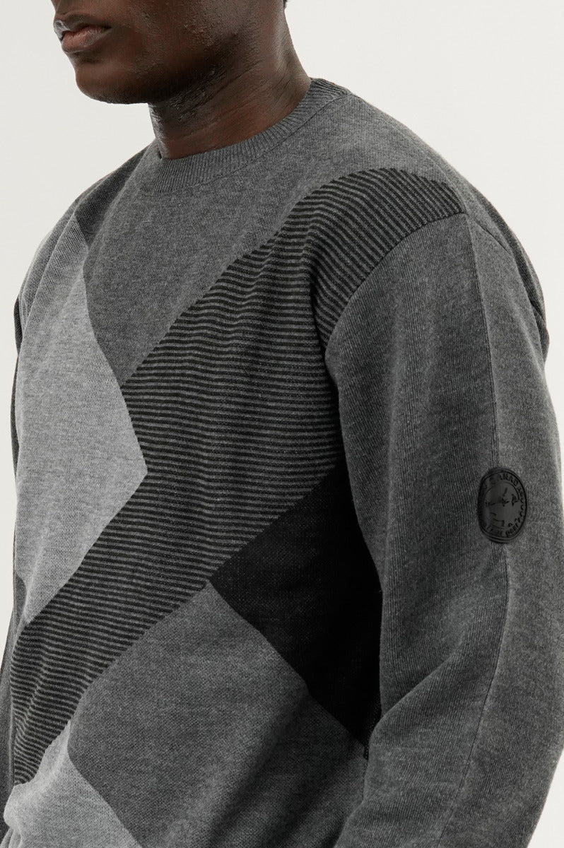 Patterned Crewneck Pullover Sweater - Grey - Image 4