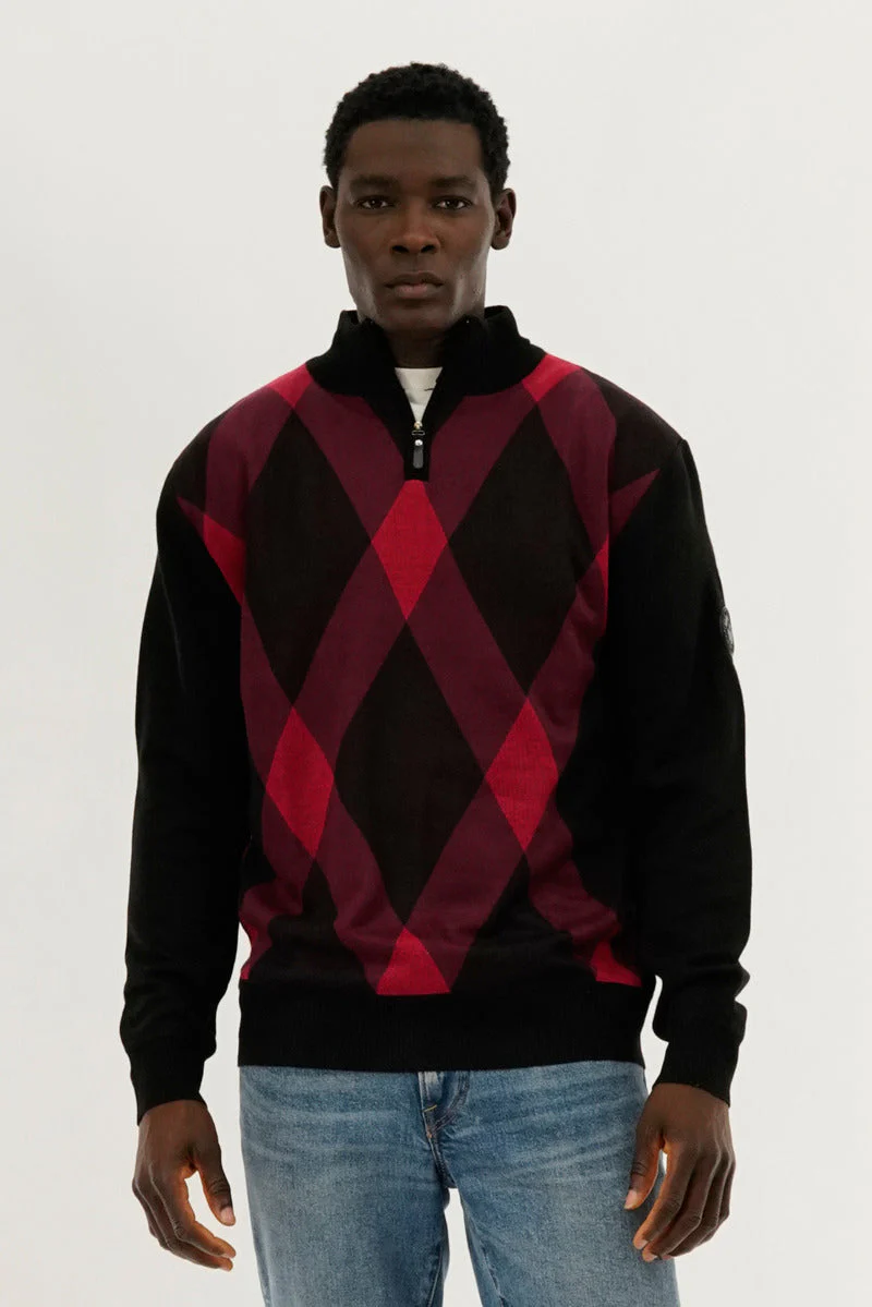 Argyle Print 1/4 Zip Pullover Sweater - Red