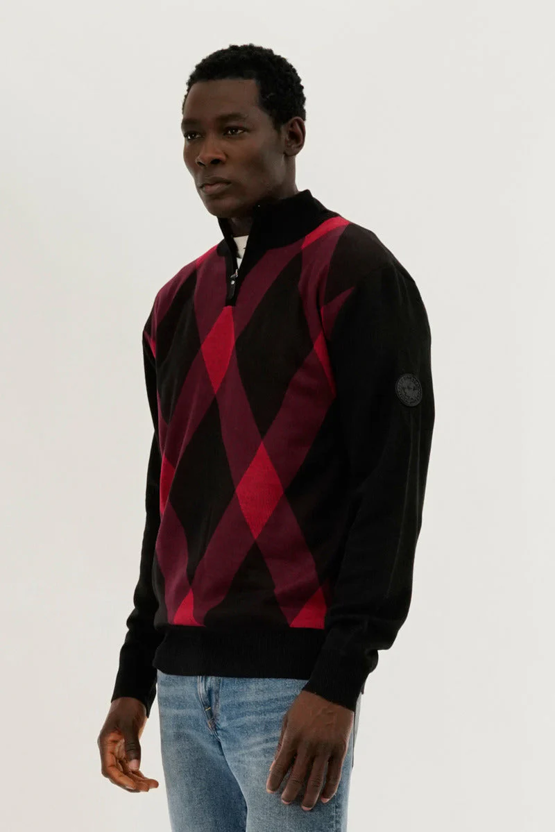 Argyle Print 1/4 Zip Pullover Sweater - Red - Image 2