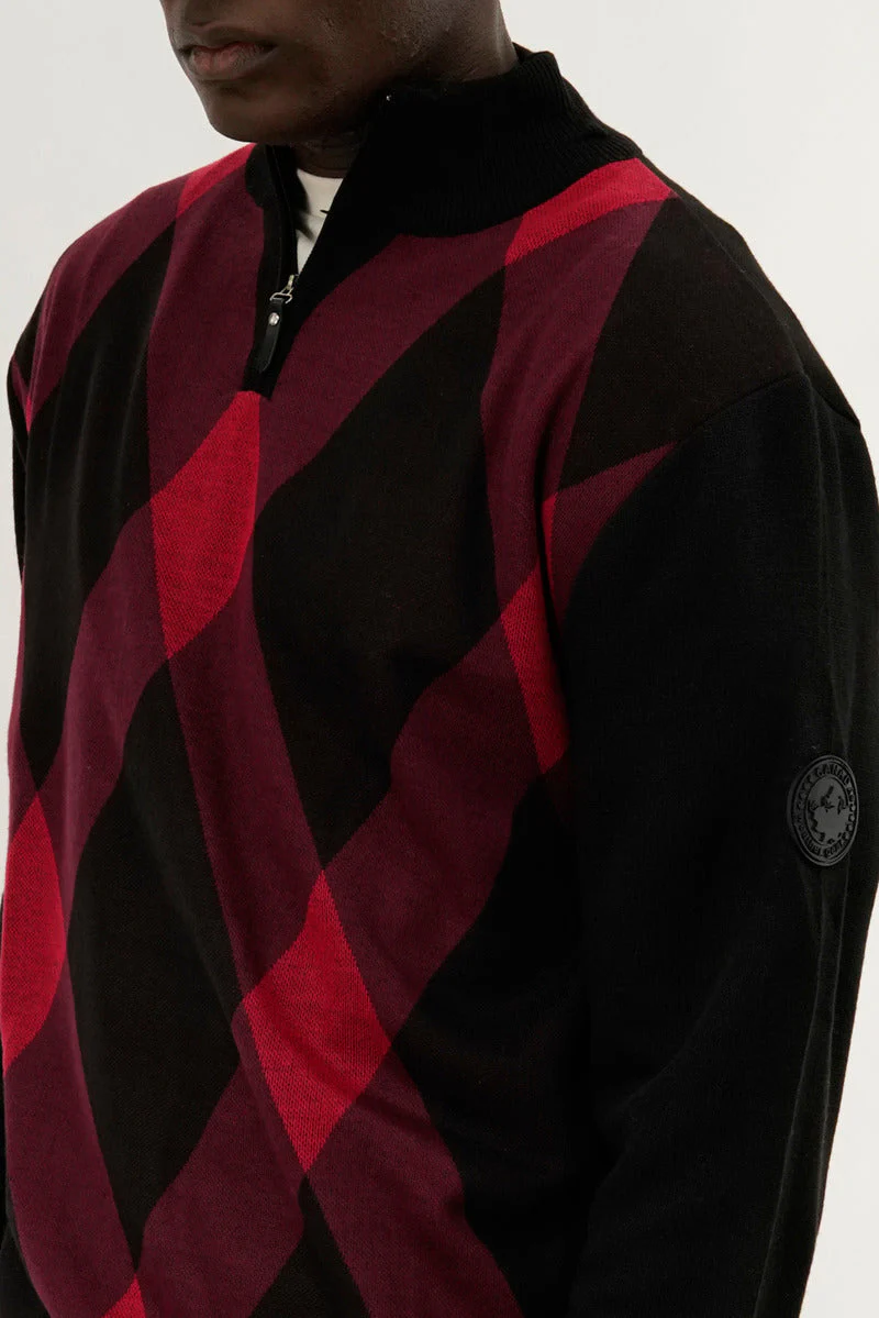 Argyle Print 1/4 Zip Pullover Sweater - Red - Image 4