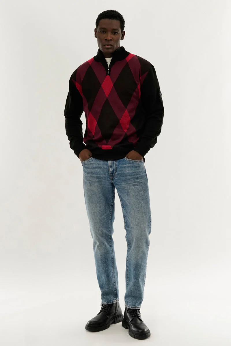 Argyle Print 1/4 Zip Pullover Sweater - Red - Image 5