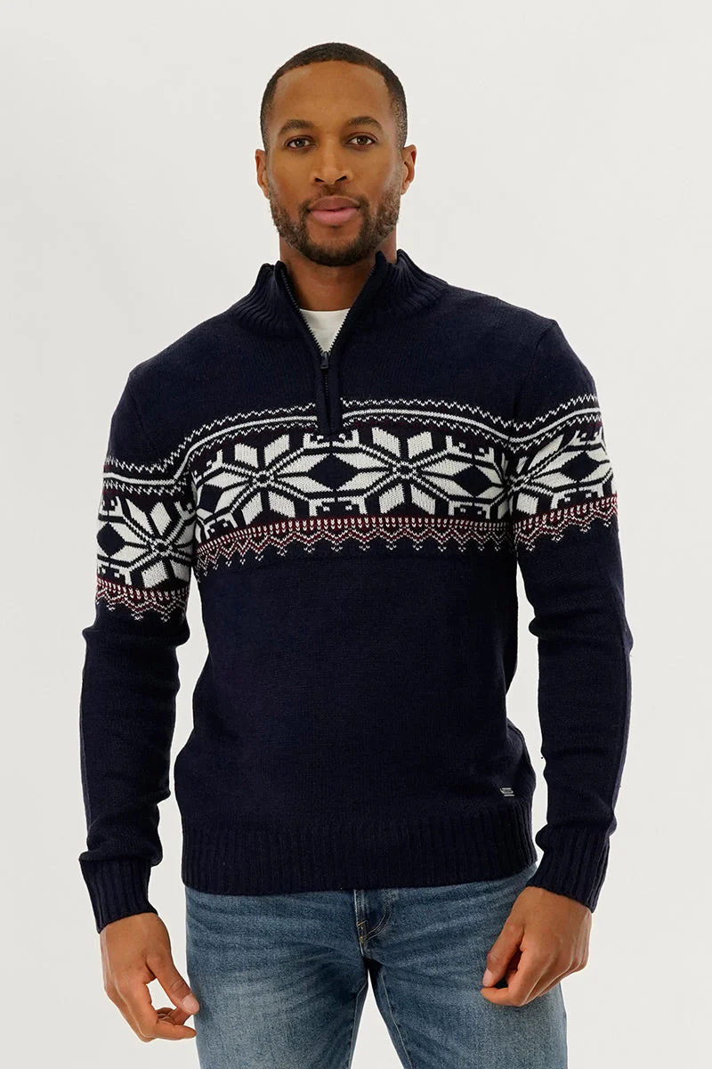1/4 Zip Printed Pullover Sweater - Navy