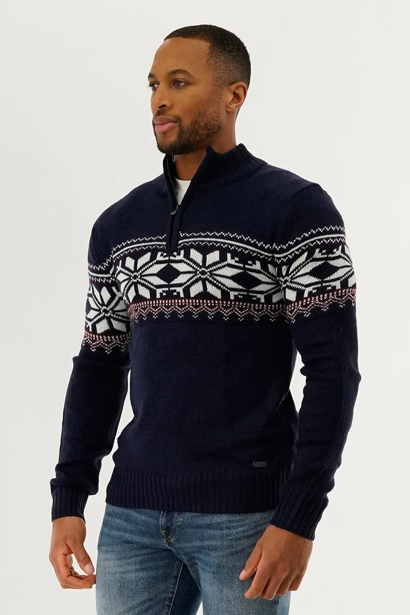 1/4 Zip Printed Pullover Sweater - Navy - Image 2