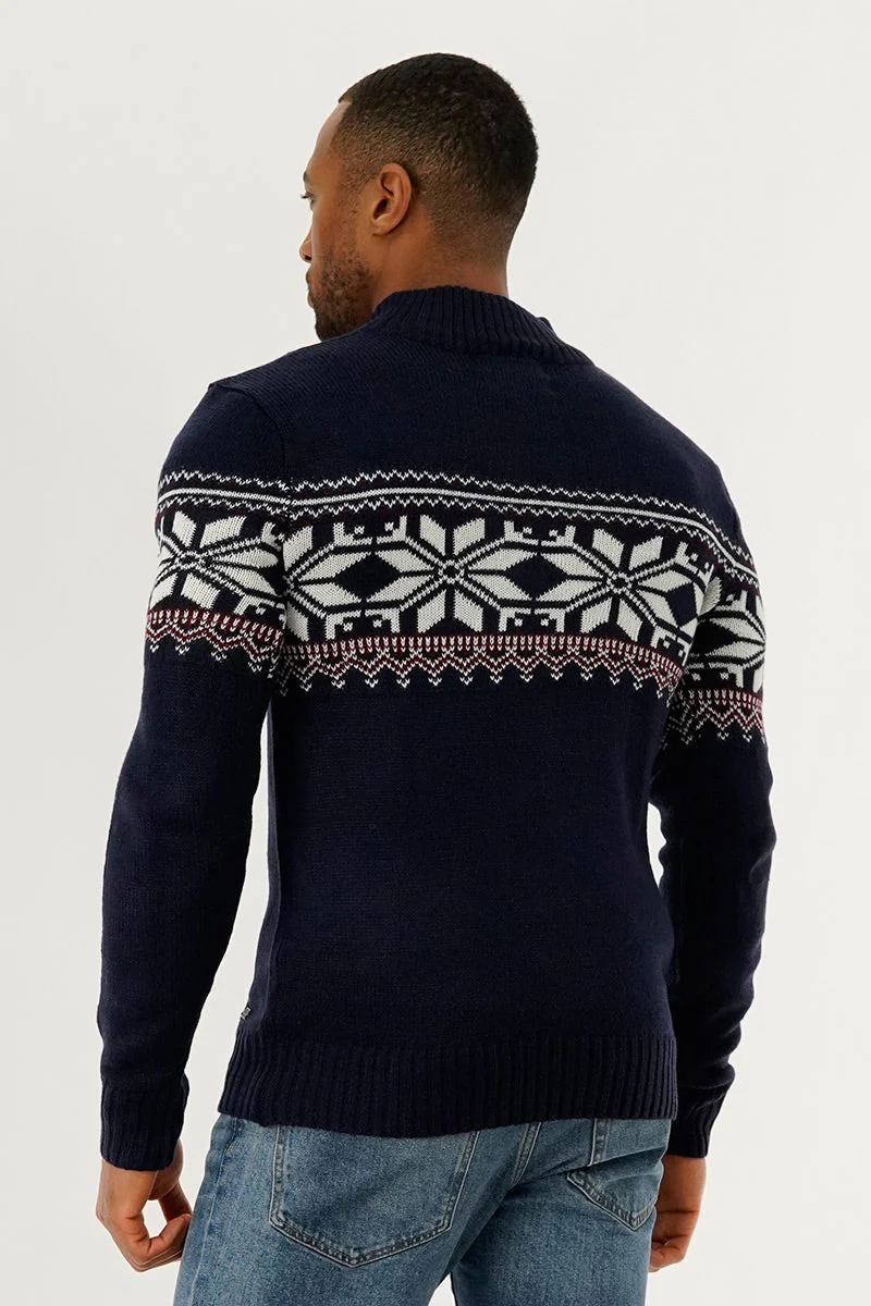 1/4 Zip Printed Pullover Sweater - Navy - Image 3