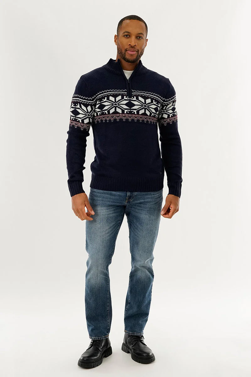 1/4 Zip Printed Pullover Sweater - Navy - Image 5