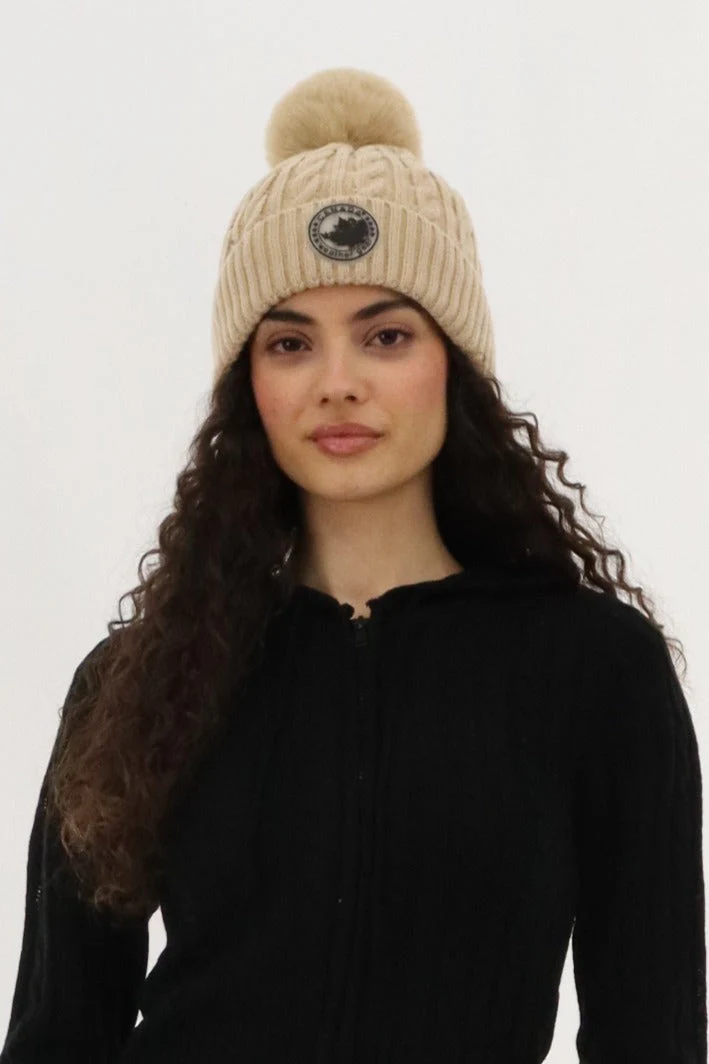 Gloves and Cable Knit Hat - Beige