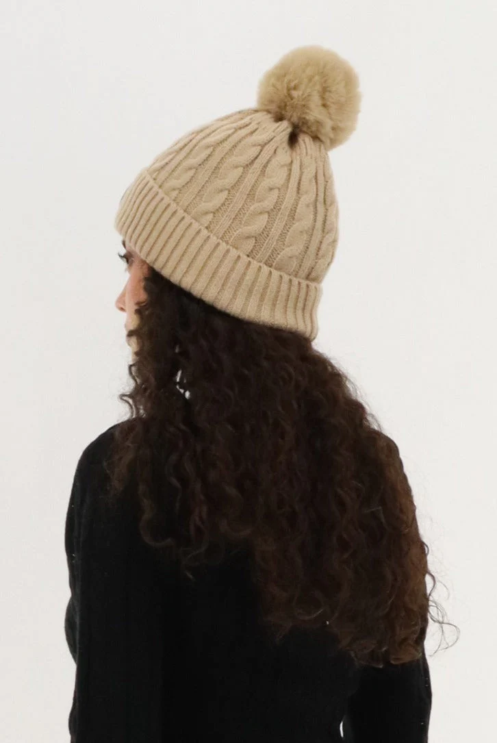 Gloves and Cable Knit Hat - Beige - Image 3