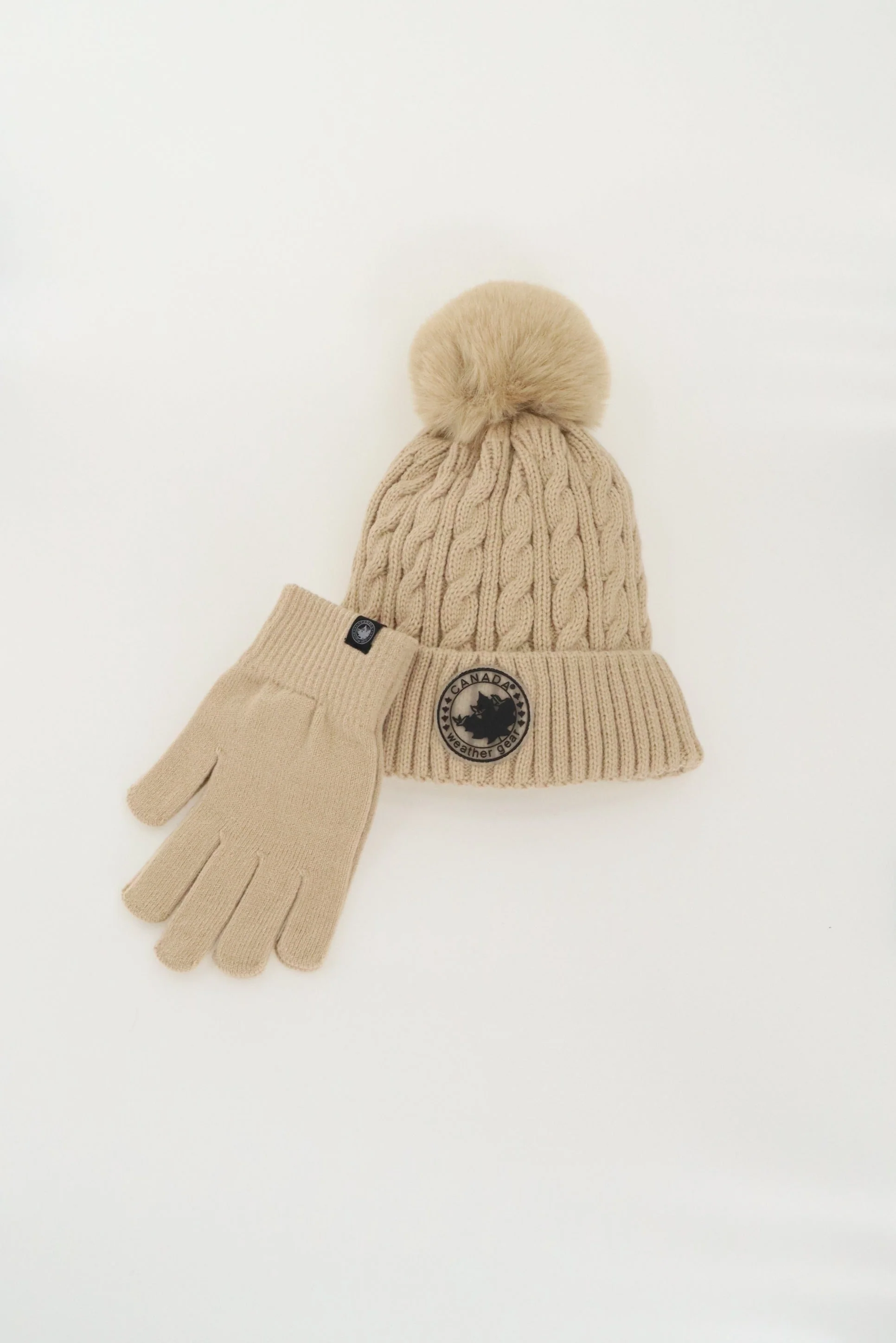Gloves and Cable Knit Hat - Beige - Image 4
