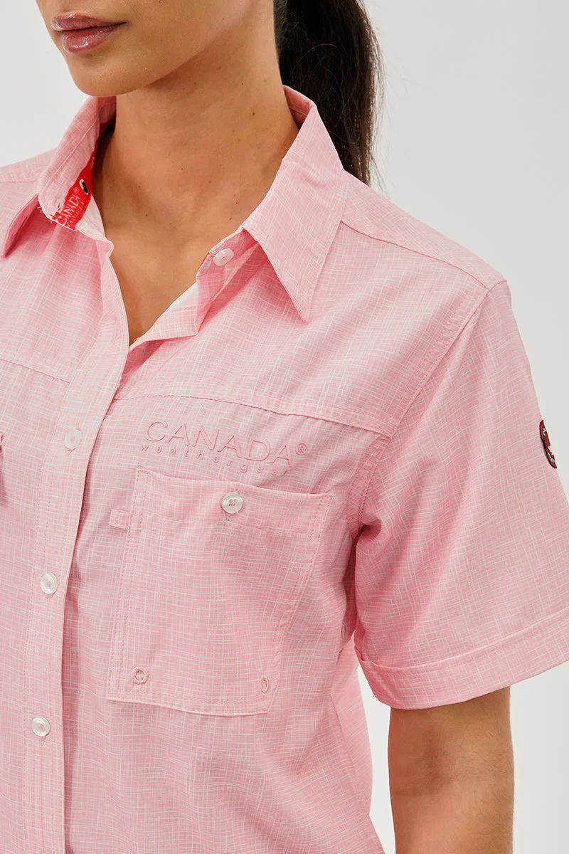 Short Sleeve Button Up Utility Shirt - Pink - Image 4