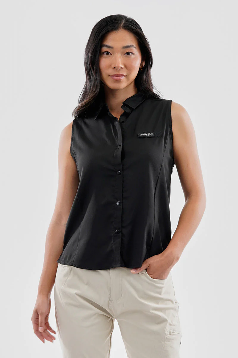 Sleeveless Button Up Collared Shirt - Black