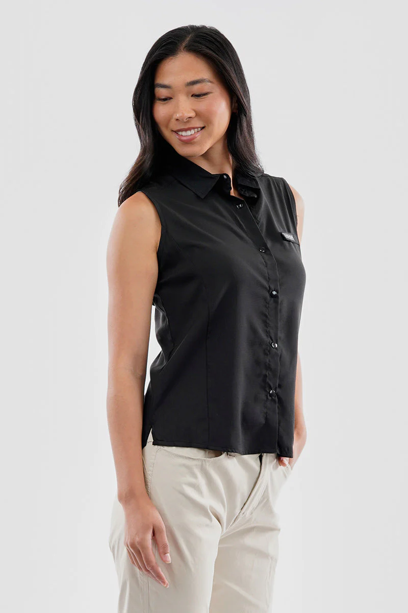 Sleeveless Button Up Collared Shirt - Black - Image 2