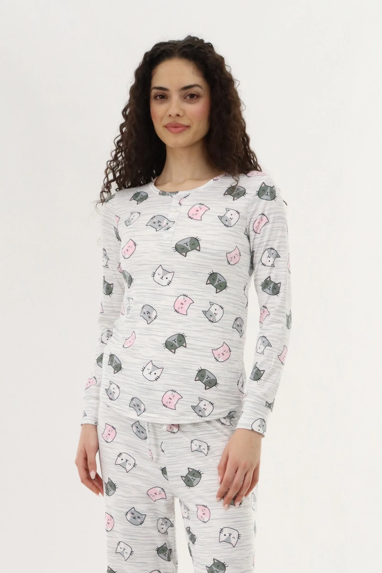 Long Sleeve Cat Print Pajama Top - Grey
