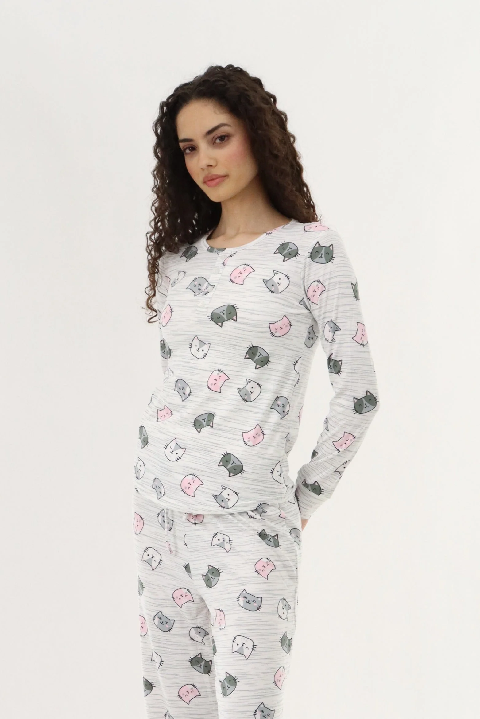 Long Sleeve Cat Print Pajama Top - Grey - Image 2