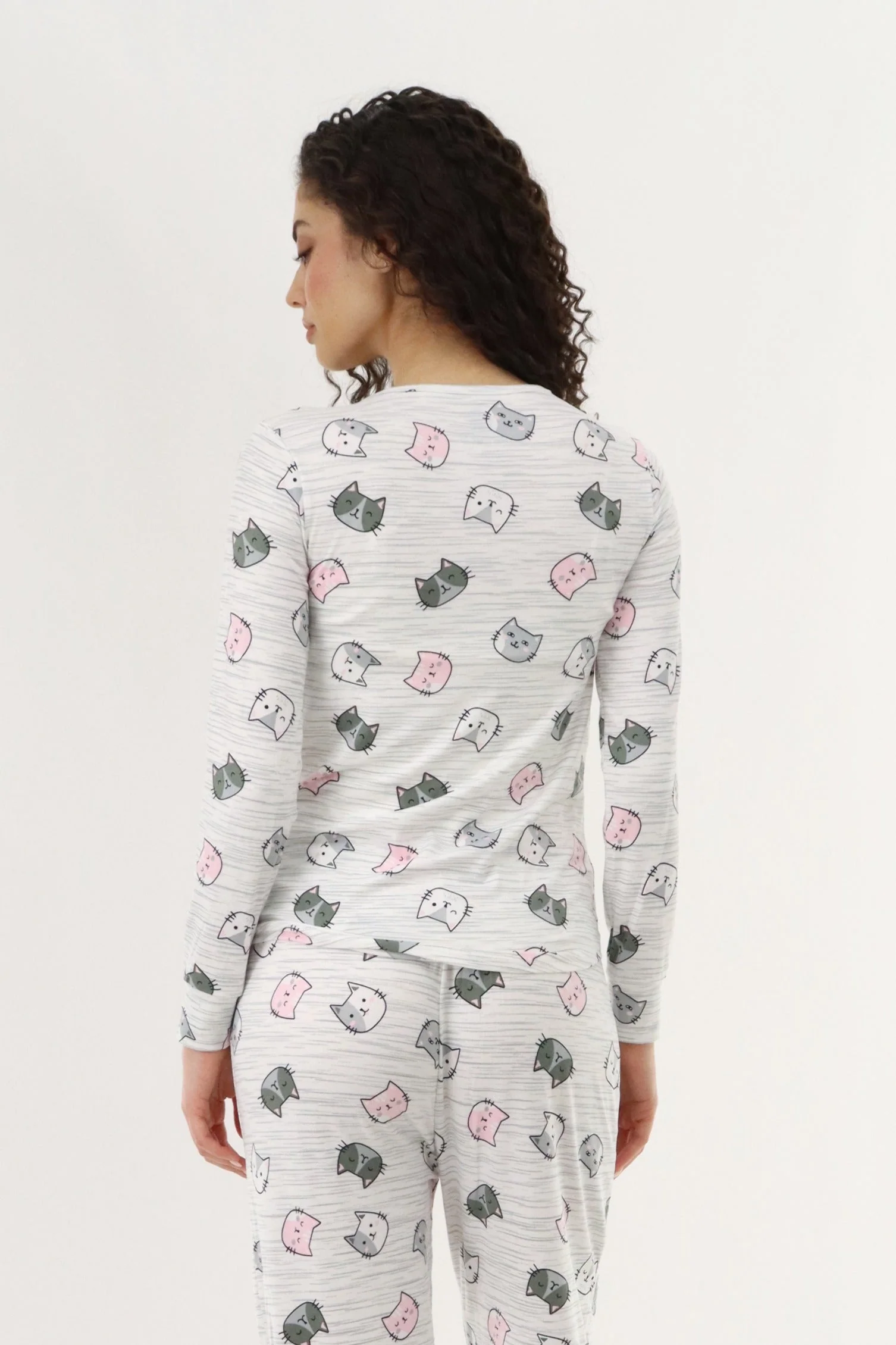 Long Sleeve Cat Print Pajama Top - Grey - Image 3
