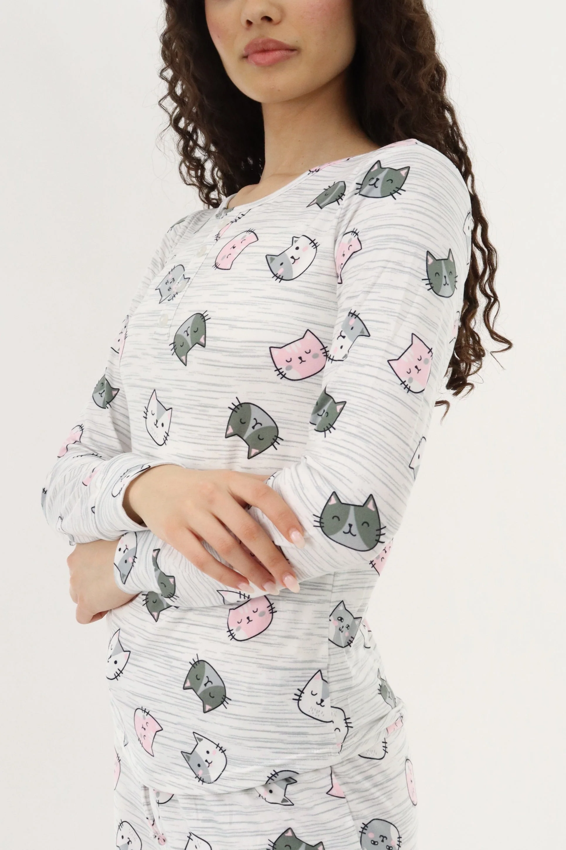 Long Sleeve Cat Print Pajama Top - Grey - Image 4