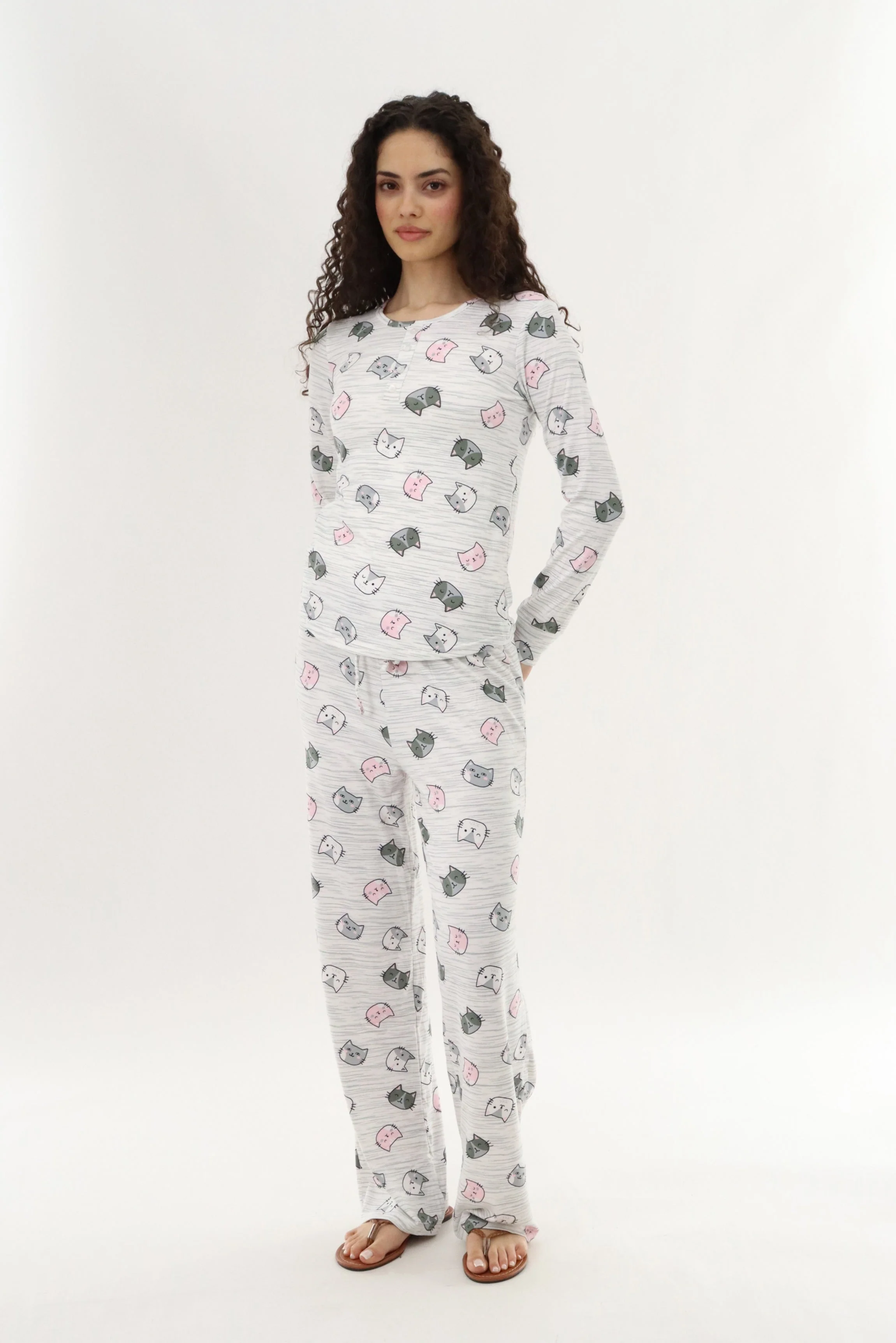 Long Sleeve Cat Print Pajama Top - Grey - Image 5