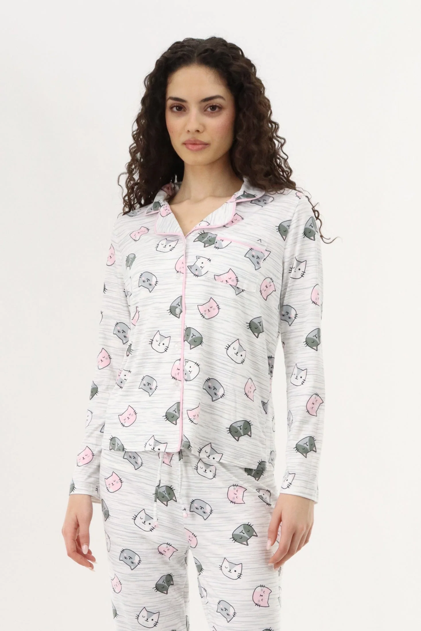 Cat Print Button Up Pajama Top - Grey