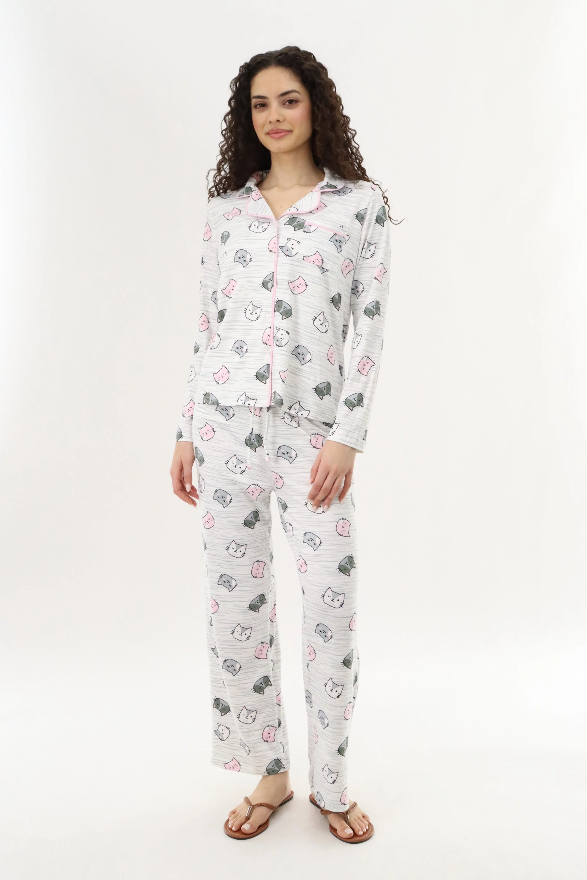 Cat Print Button Up Pajama Top - Grey - Image 5