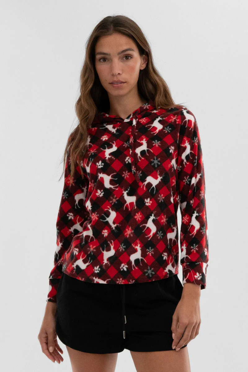 Festive Print Hooded Pajama Top - Red