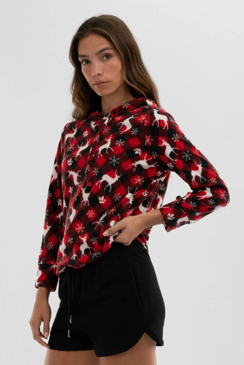 Festive Print Hooded Pajama Top - Red - Image 2