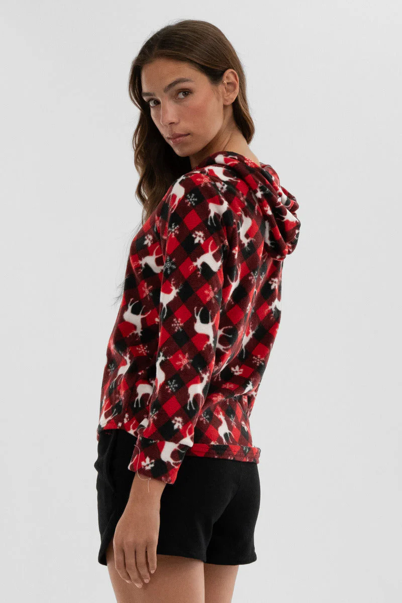 Festive Print Hooded Pajama Top - Red - Image 3