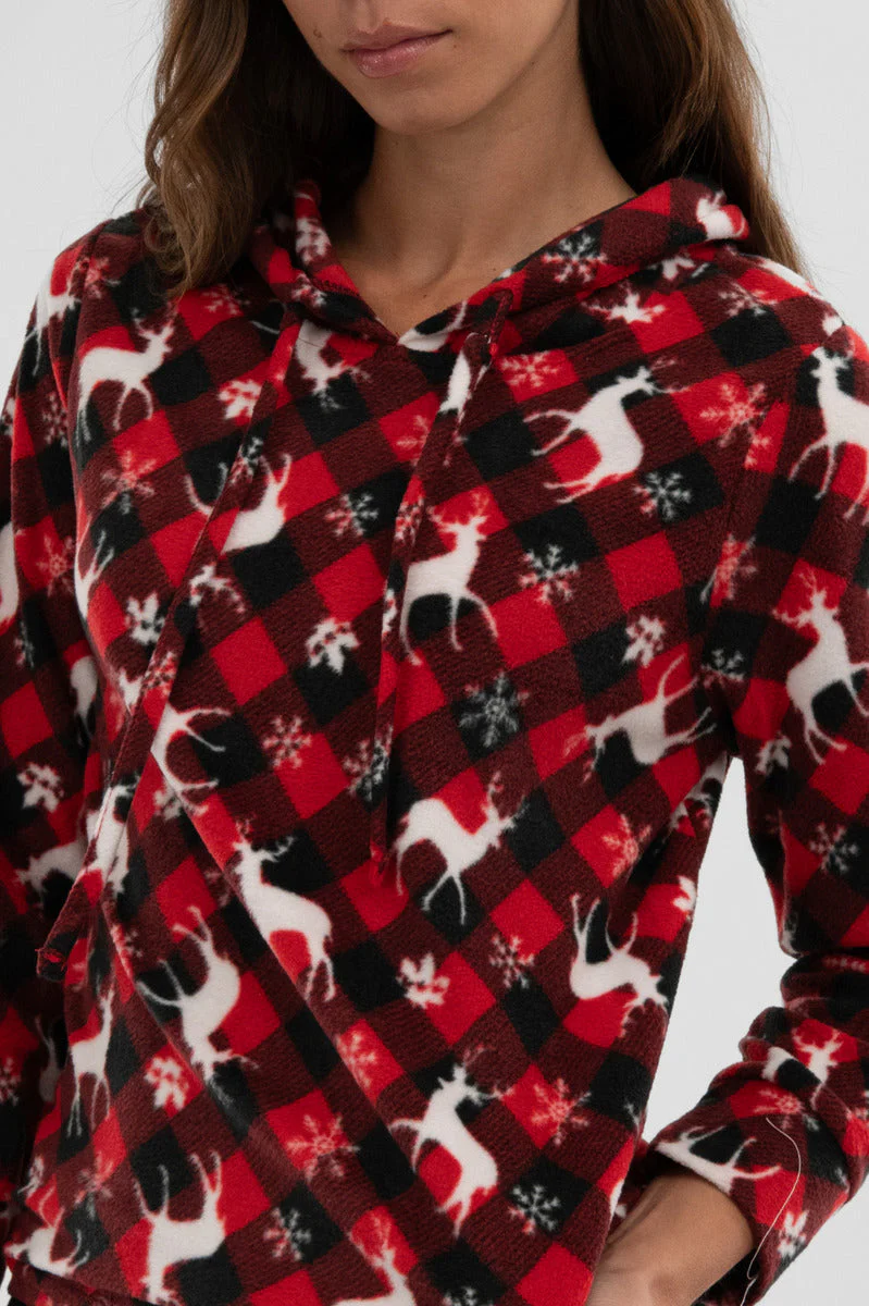 Festive Print Hooded Pajama Top - Red - Image 4