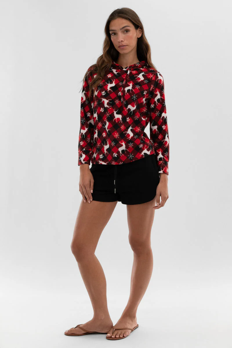 Festive Print Hooded Pajama Top - Red - Image 5