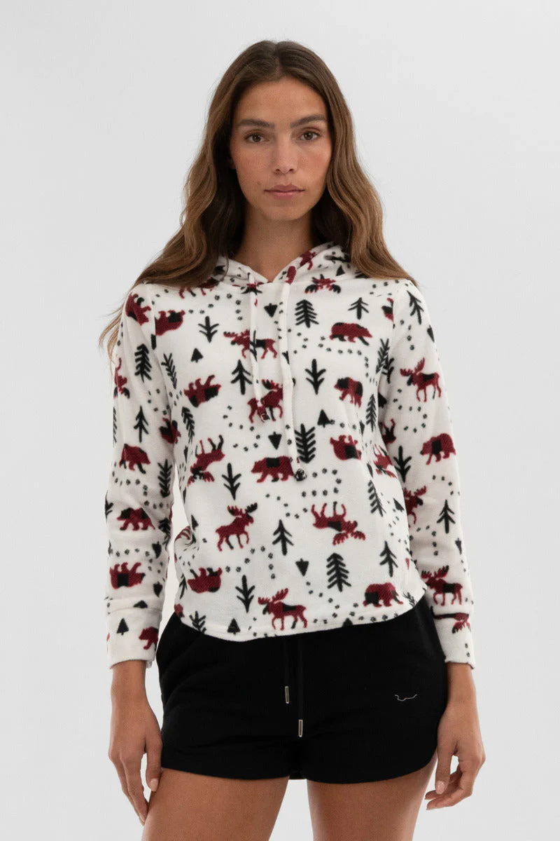Winter Print Hooded Pajama Top - White
