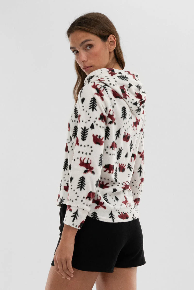 Winter Print Hooded Pajama Top - White - Image 3