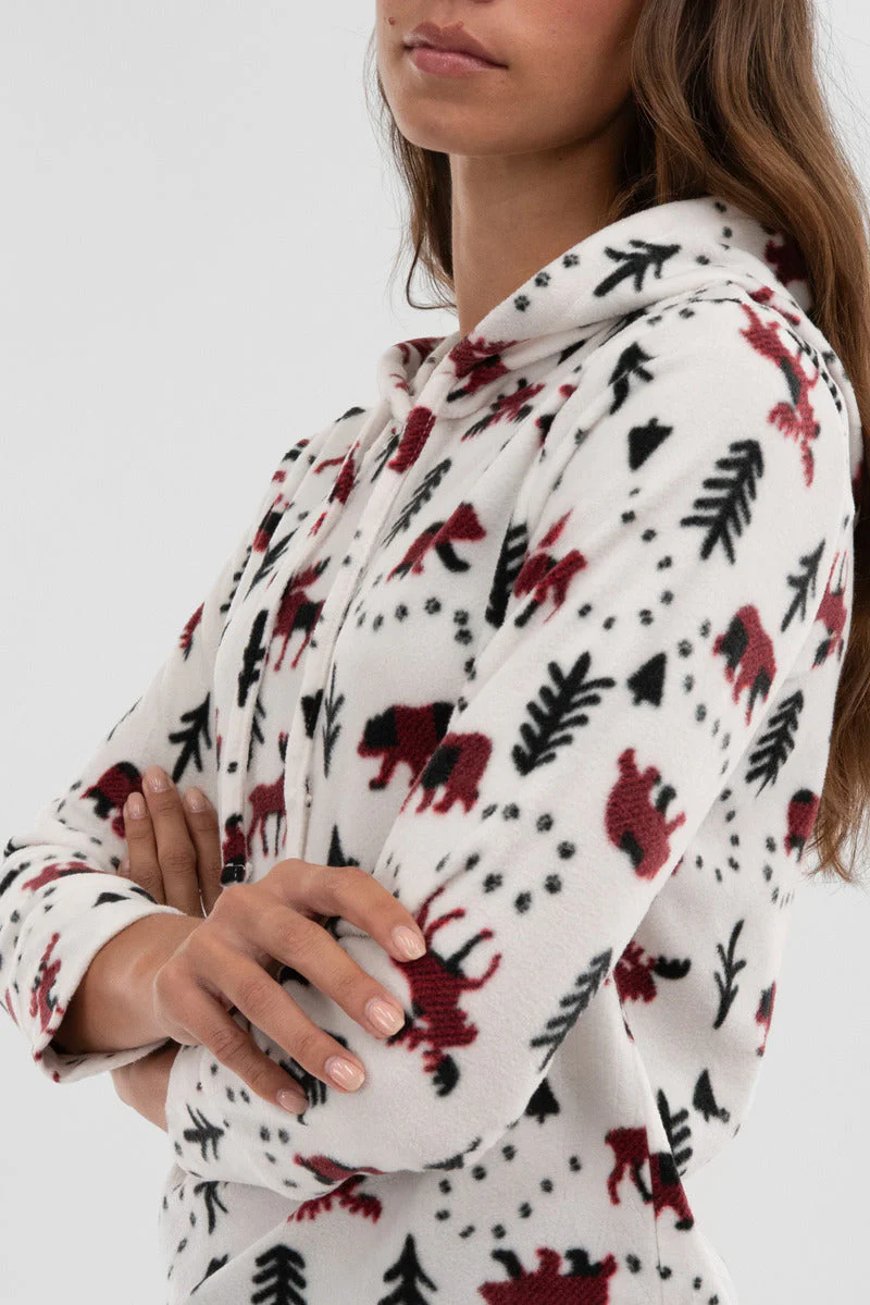 Winter Print Hooded Pajama Top - White - Image 4