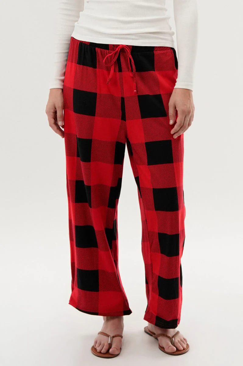 Plaid Wide Leg Pajama Pants - Red