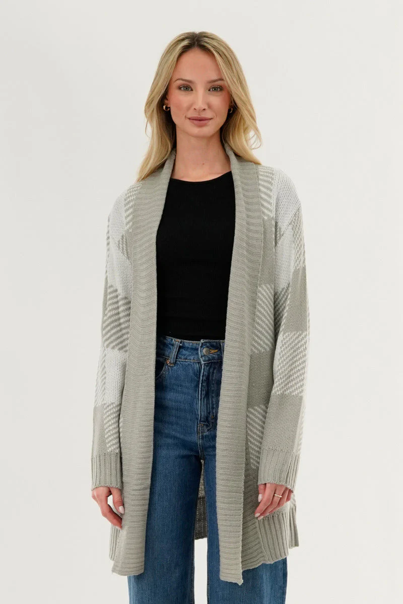 Plaid Fold Over Wrap Cardigan - Grey